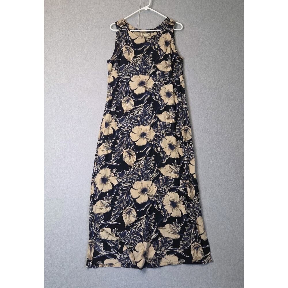 Vtg Dressing Clio Black Tropical Floral Sleeveless Rayon Maxi Dress Womens Med